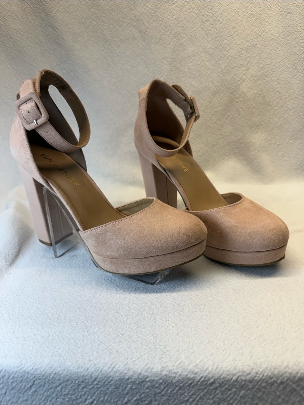 Soft Girl Ankle Strap Platform Sky High Block Heels in Dusty Rose Vegan Suede
